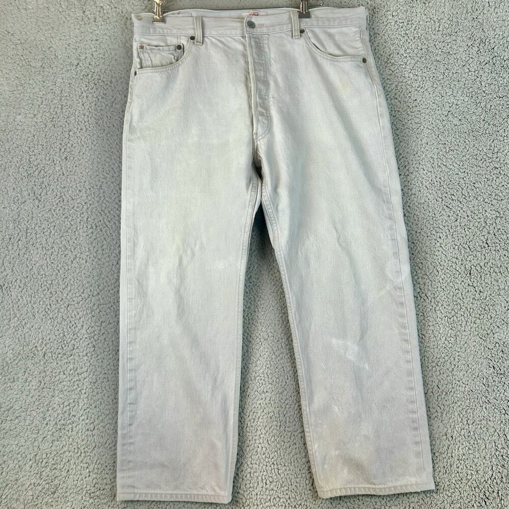 VINTAGE Levis 501 Jeans Men 34x26White Button Fly‎ Straight Leg Denim Light Wash